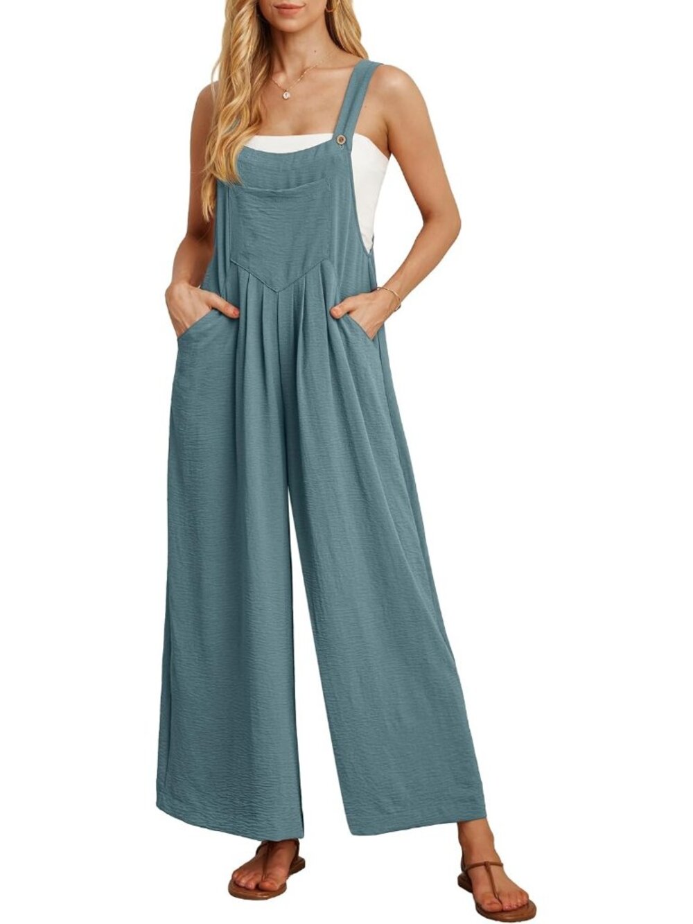 Women's Blue Green Summer Boho Wide Leg Overalls Loose Rompers with Pockets